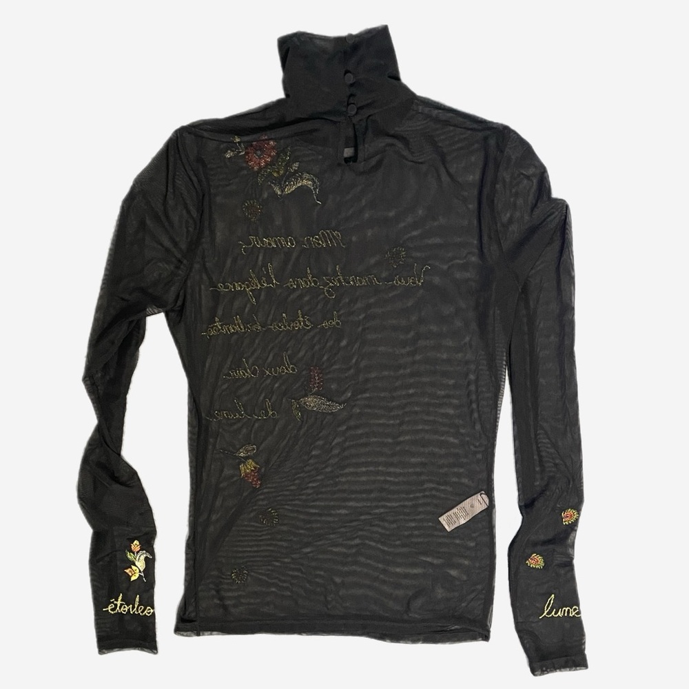 Cinq à Sept Black sheer mesh embroidered turtleneck whimsical dark bohemian S/M - Picture 14 of 16